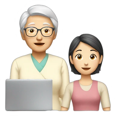 young asian lady in front of computer with old grandma standing next to her sticker
