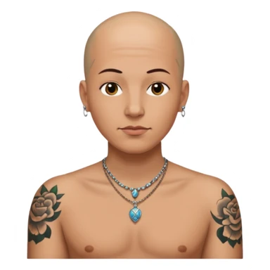 a bald head wearing necklace, having tattoo sticker