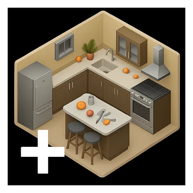 Place a plus symbol to the left side of the kitchen emoji, outside the kitchen area, ensuring it does not overlap or cover any part of the kitchen. Keep the style and perspective consistent with the original image. sticker