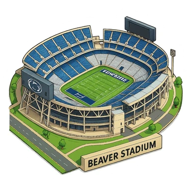 Изометричная, яркая, детализированная и фотореалистичная иллюстрация стадиона Beaver Stadium в стиле 3D-коллажей городов, насыщенные цвета, аккуратные линии, мультяшно-реалистичная стилистика. Чёткие контуры, прозрачный фон, высокое качество. sticker