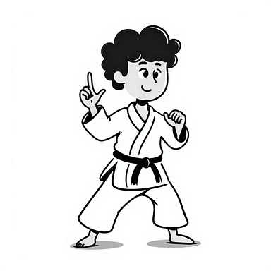 Kyokushin karateka in a white gi and black belt, ready stance, with 'osu' text visible in hand-drawn notion style sticker