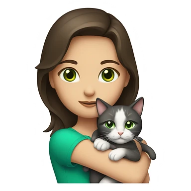 A brunette girl with green eyes holds a cat with blue eyes in her arms sticker