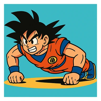 Goku from Dragon Ball Z doing push ups in vibrant cartoon style sticker