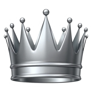 A luxury silver crown emoji, chrome metallic finish, smooth rounded edges, subtle sparkle, polished reflective surface, cute proportions, iOS emoji style, centered on a clean white background, soft studio lighting, no outlines sticker