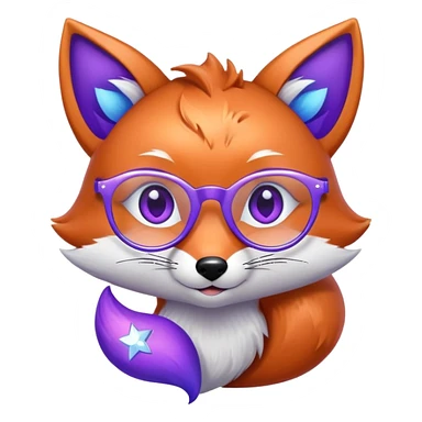 A whimsical fox with sparkling purple-blue fur, a glowing tail, a silver star on its forehead, and round glasses, with heart-shaped eyes, looking in love. 🦊😍 sticker