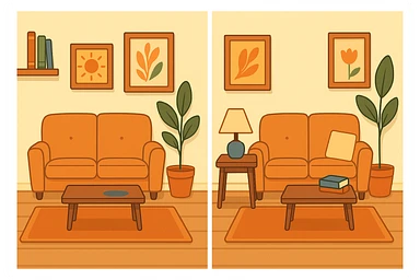 Create a second version of the cozy room image with three subtle differences for a 'find the three differences' quiz. Make subtle changes such as changing the color of a lamp, removing a book, or altering a plant. Keep the style, lighting, and layout consistent with the original image. sticker