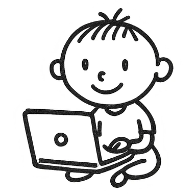minimalist child programmer, simple shapes, sitting at laptop, light background sticker