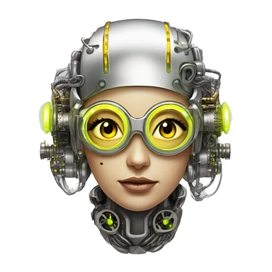 Caucasian female cyborg head with Neon yellow bobbed hair, silver steampunk goggles and circuits sticker
