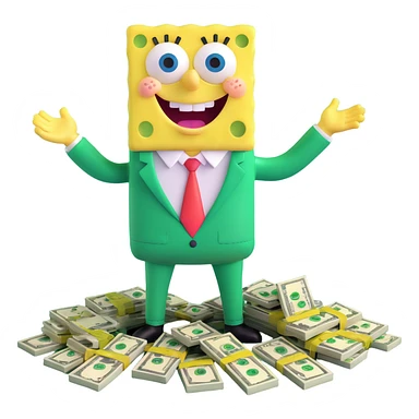 SpongeBob in a green suit, surrounded by money, happy pose sticker