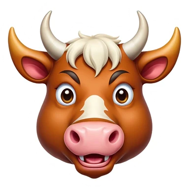 Cinematic Comical Domestic Ox Portrait Emoji, Head tilted dramatically with an exaggeratedly amused expression, featuring a striking, glossy hide with boldly curved horns and wide, expressive eyes brimming with playful disbelief, Simplified yet hilariously expressive features, highly detailed, glowing with a slightly sassy earthy glow, high shine, dramatic yet playful, stylized with an air of cheeky rural mischief, soft glowing outline, capturing the essence of a spirited and over-the-top ox that looks ready to charge its way into internet fame instantly! sticker