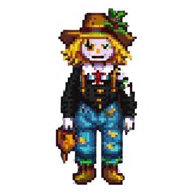pixel art scarecrow with yellow hair and patched clothes sticker