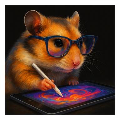 a unique, colorful, modern, highly realistic hamster wearing cool glasses, creating a design or making animations, showing creative action, illustrated in Procreate on an iPad, solid black background, not kiddish sticker