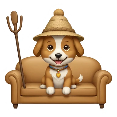 A dog that has a stick hat and a sofa shirt sticker