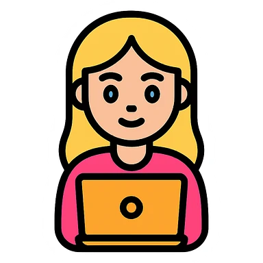 Blonde girl with blue eyes working on a laptop sticker