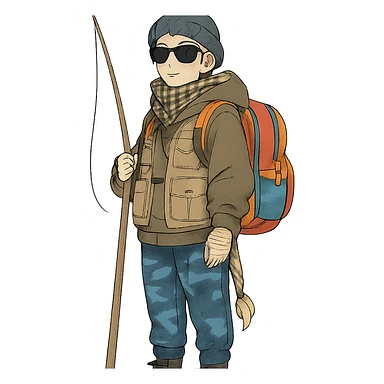 1 female, long white braid, knit cap, dark sunglasses, shemegh neckwrap, fishing vest, vibrant shool backpack, drab hoodie, handwraps, blue camo pants, holding a wooden stick fishing pole, unkempt, stoic sticker