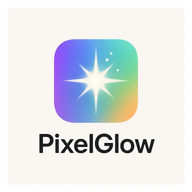 Sleek, magical logo for PixelGlow: rounded square, smooth multi-color gradient in purple, blue, cyan, green, and orange, central bold 8-point starburst or crystal flare, soft glow, subtle shadow, and tiny pixel details. Clean, futuristic, minimal, and creative. White or off-white background. sticker