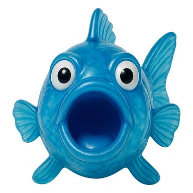 retro, hyper-realistic clear blue plastic fish toy, mouth wide open, derpy and silly expression, facing forward, transparent bright blue body with soft cloudy plastic texture, soft reflections, squishy appealing look, highly detailed, 90's toy style, no background sticker