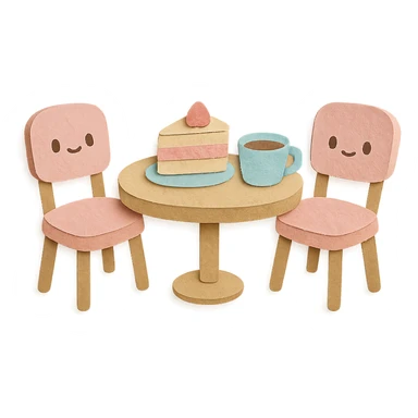 kawaii coffee shop table and chairs set with cake and coffee, soft pastel hand-drawn illustration sticker