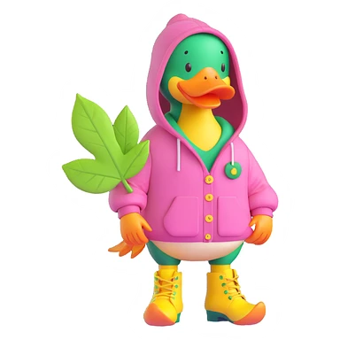 A duck wearing a pink hoodie with green buttons, yellow boots, and a green leaf on its chest. sticker