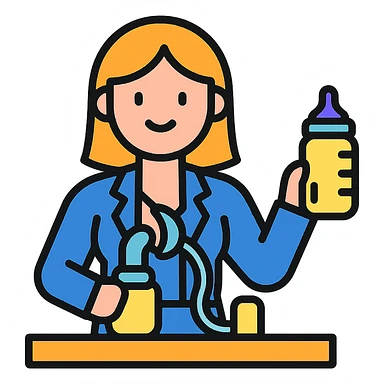 working mum pumping milk, smiling, holding a baby bottle sticker
