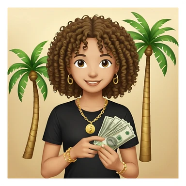 Happy mixed-race person with curly hair in black t-shirt and gold chain, holding money, palm tree beach background sticker