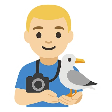 Minimalist emoji-style illustration of a smiling photographer holding a seagull in their hands and a camera around the neck. Simplified, clean lines, vibrant colors, small size sticker