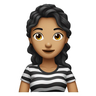 woman with long wavy black hair wearing black stripy t-shirt, and black eyes sticker