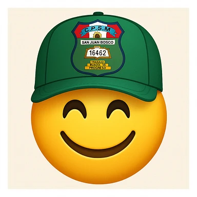 Create a happy emoji wearing a green cap with the school's insignia on the front of the cap, in classic emoji style. The style should resemble classic emojis with bright colors and simple features. sticker