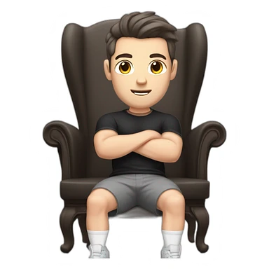 Pale skinned Fit Man With the biceps and dark brown hair in black shirt, gray sports shorts and white Sneakers Sitting on a chair sticker