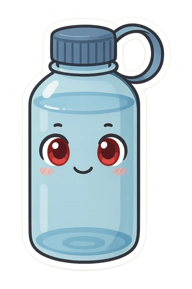 A water bottle with red eyes sticker