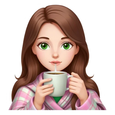 A pretty white woman with long brown hair and green eyes wrapped in pastel pink plaid blanket drinking coffee sticker