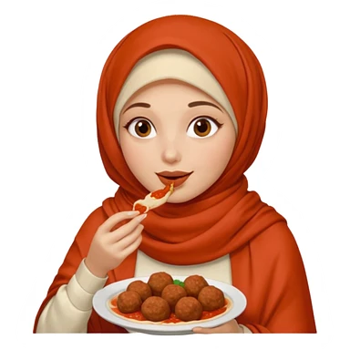 woman wearing a cream colored pashmina hijab eating meatballs sticker