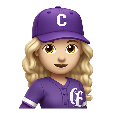 baseball card character. Blonde female long shoulder length hair. letter C logo. Purple and white uniform. sticker