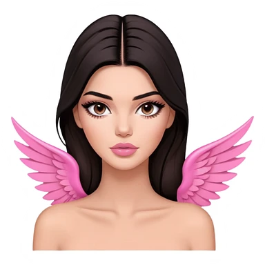 Kendall Jenner model, elongated face, long flowing dark hair, pink glossy lips, pink blush on cheeks, dramatic winged eyeliner, bare shoulders sticker