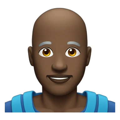 Black bald man with a blue costume sticker