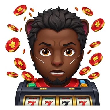 disheveled Black Panther losing money at a slot machine, panicked face, coins flying sticker