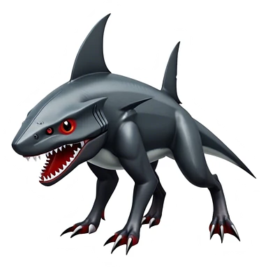 Realistic dark edgy futuristic modern advanced Sharpedo-Houndoom-Scizor-sergal-hybrid-animal creature with a shark-tail and red scars, full body, with cool sharp markings  sticker