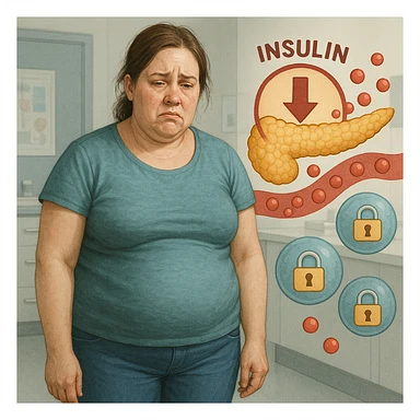 Realistic woman about 38 years old, overweight localized on abdomen and face, in a clinical environment. Expression of fatigue and frustration. Around: stylized pancreas with low insulin symbol, glucose in the blood, cells with closed padlocks. Realistic and symbolic style. sticker