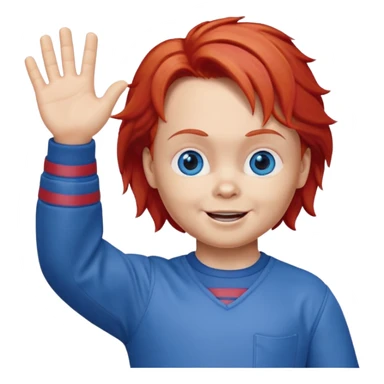 Can you create an emote for me referencing the Chucky character, with a happy and cute expression, that's waving sticker