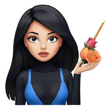 Glamours, tanned, very beautiful girl, with big pump peach-beige-rose lips, eyeliner, long long lashes, black straight smooth silky long hair, straight parting hair, blue-grey eyes, in totally black bodysuit  sticker