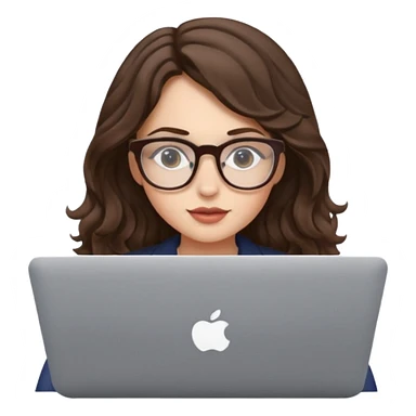 Girl wearing glasses, wavy brunette, studying with macbook sticker