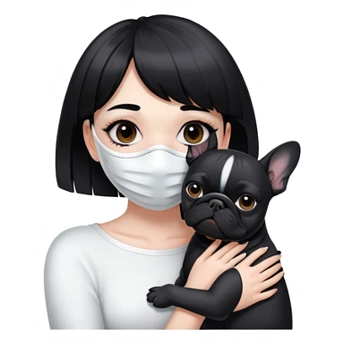 girl with short black straight bangs hair wearing a white mask and hugging a black French bulldog sticker
