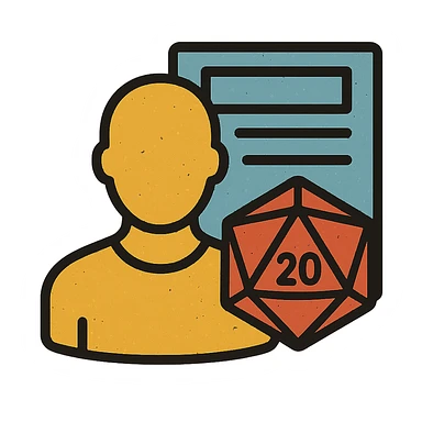 minimalist icon representing Player for DnD TTRPGs with silhouette, D20 dice, or character sheet, worn and distressed look sticker