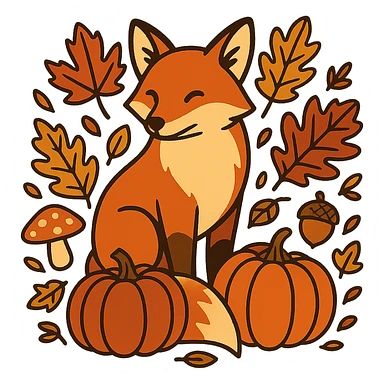 t-shirt design, vector illustration of a fox surrounded by autumn elements (fallen leaves, acorns, mushrooms, pumpkins), warm autumn color palette (orange, red, yellow, brown), clean bold lines, detailed but stylized, centered composition, no background, isolated graphic, modern flat style sticker