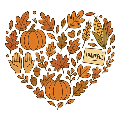 heart with Thanksgiving theme, autumn leaves, pumpkins, warm colors, harvest and gratitude symbols sticker