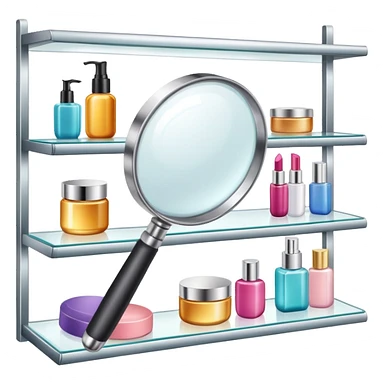 front view magnifying glass over beauty product shelf searching for last item sticker