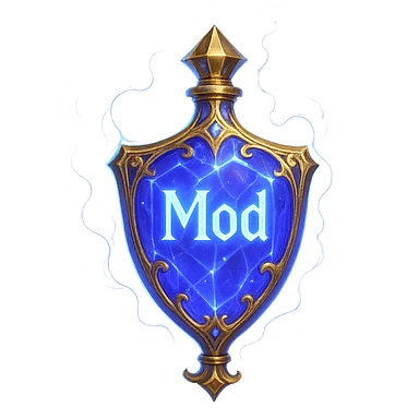 very luxurious crystal shield-shaped elixir bottle, color #7986cb, with inscription 'Mod', lots of glow, edges, ornaments, golden details, magical effects, very small golden neck, transparent background, beautiful seamless base, bottle clearly floating in air, no base or shadow, premium class, modern, matching collection sticker