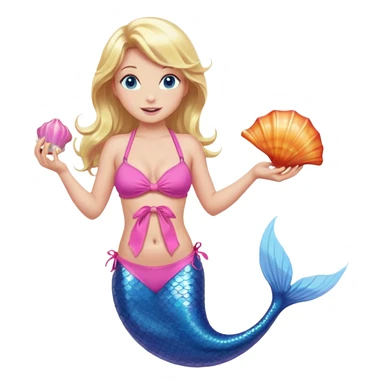 mermaid woman with blonde hair and blue eyes, a pink bikini top and an ALL pink tail holding a shell sticker
