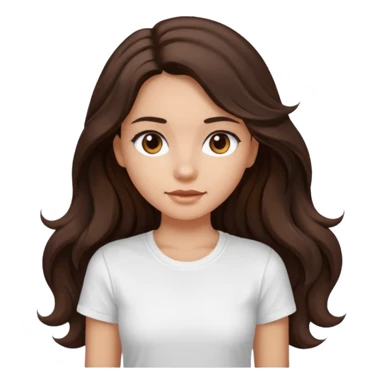 iOS style emoji. A girl with very long dark brown wavy hair. And the eyes color is dark brown. And she is wearing white t shirt  sticker