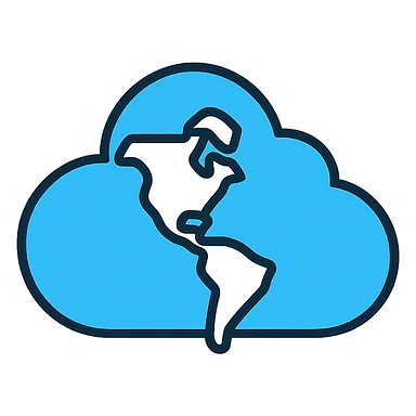stylized cloud with subtle map of the Americas, icon style, flat design, blue and white sticker